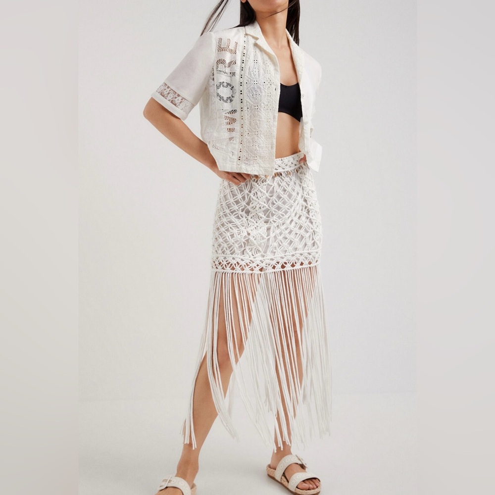 Desigual White Crochet Fringe Midi Skirt size S